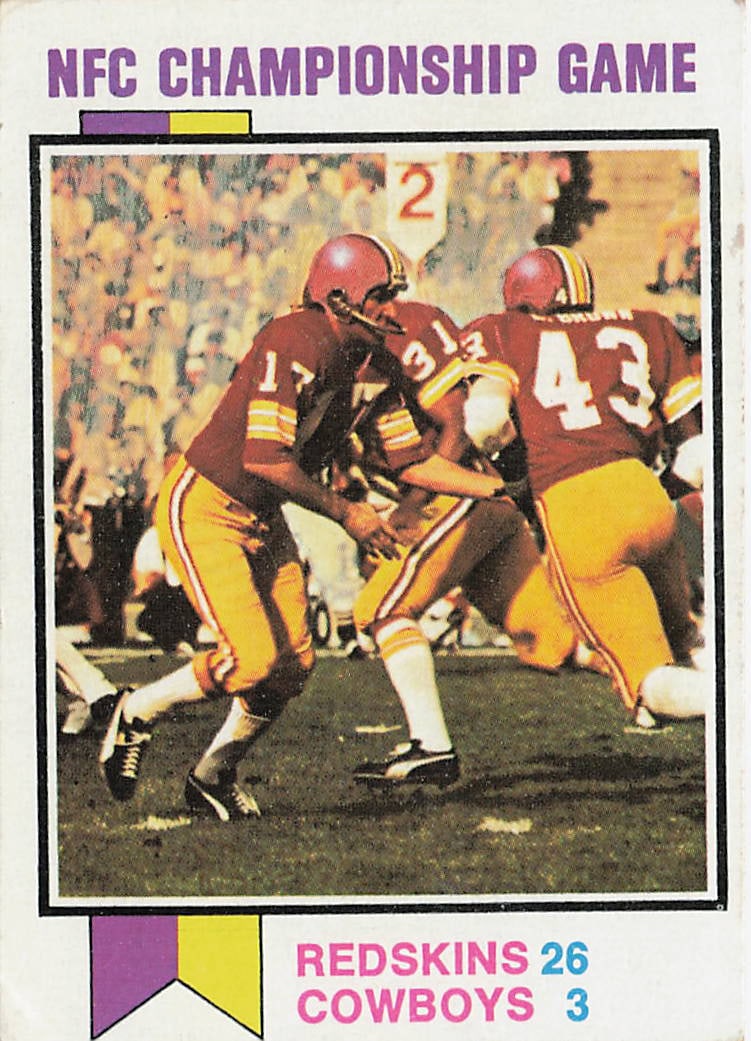 1973 Topps #137 NFC Championship Game sports trading card: This is a 1973 Topps football trading card featuring the NFC Championship Game from the 1972 NFL postseason. The card commemorates the conference championship matchup and features the classic 1973 Top
