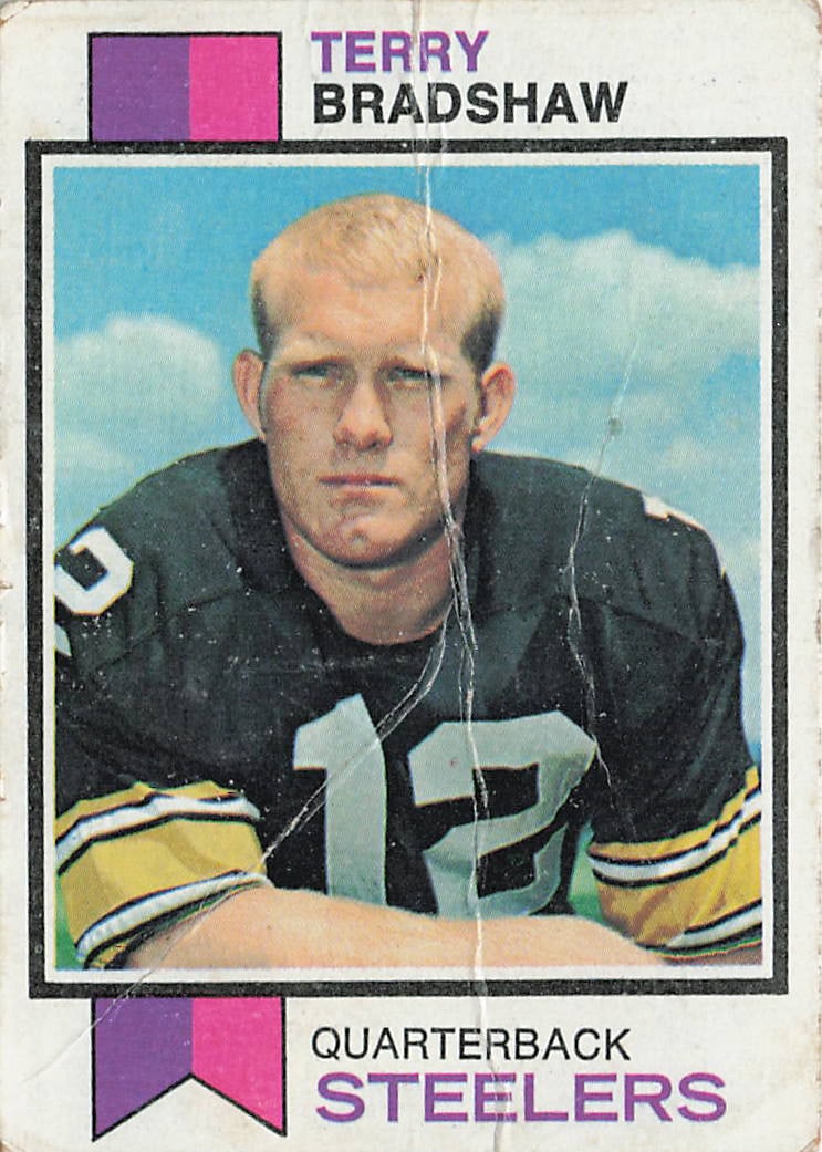 1973 Topps Terry Bradshaw Football Card #15: This is a 1973 Topps football trading card featuring Terry Bradshaw of the Pittsburgh Steelers. The card highlights Bradshaw during his early NFL career and features the classic 1973 Topps design from