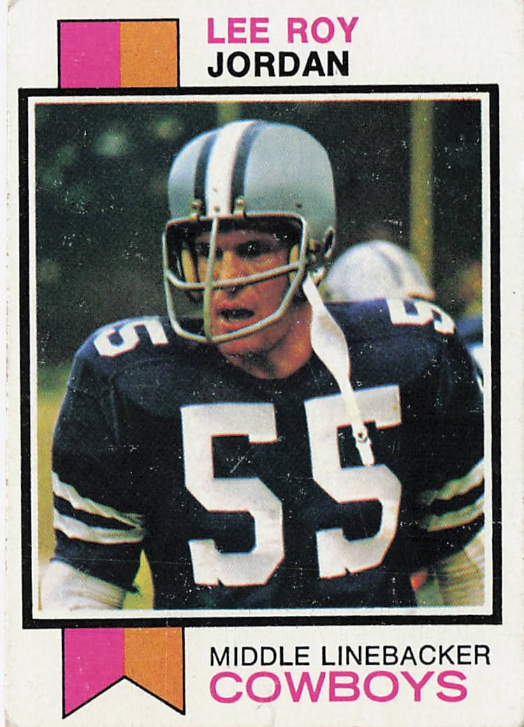 1973 Topps Football #159 Lee Roy Jordan trading card: This is a 1973 Topps football trading card featuring Lee Roy Jordan of the Dallas Cowboys. The card highlights Jordan, a standout linebacker and key member of the Cowboys' defense, and features the