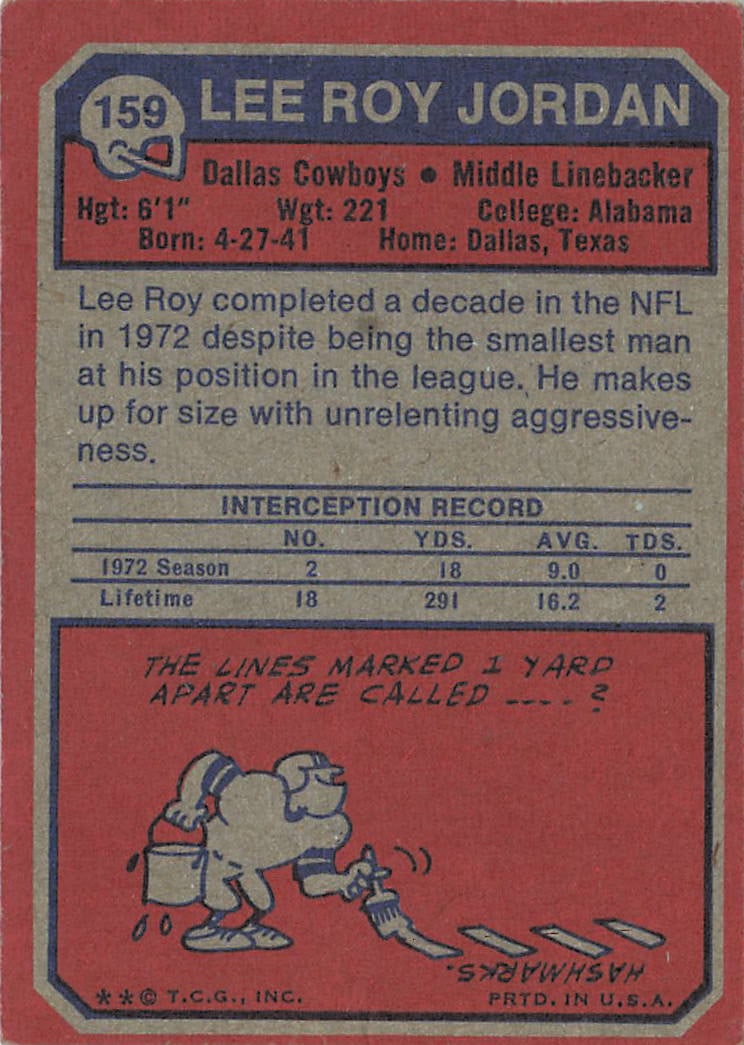 1973 Topps Football #159 Lee Roy Jordan trading card - 2