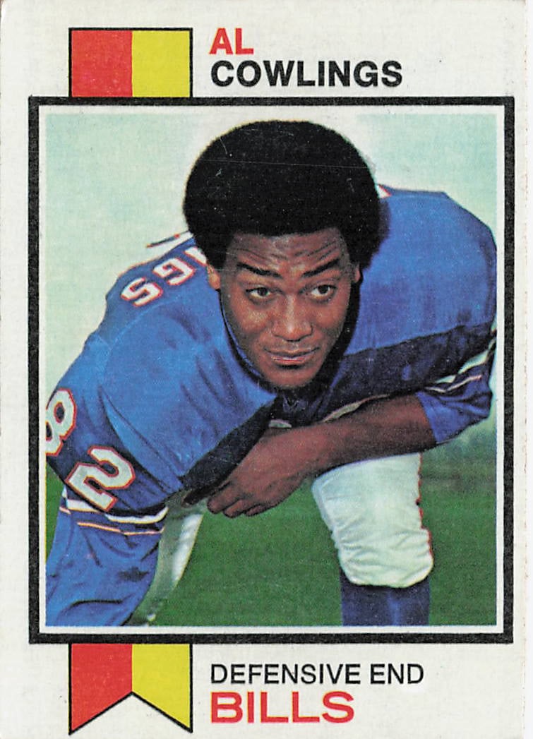 1973 Topps Al Cowlings #16 football card: This is a 1973 Topps football trading card featuring Al Cowlings of the Buffalo Bills. The card highlights Cowlings during his NFL career as a defensive lineman and features the classic 1973 Topps