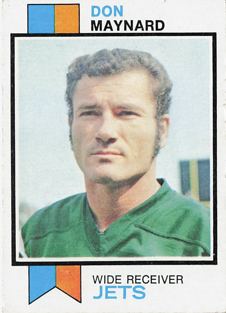 1973 Topps Football Card Don Maynard: This is a 1973 Topps football trading card featuring Don Maynard, the legendary wide receiver of the New York Jets. The card highlights Maynard during his Hall of Fame NFL career and features the clas