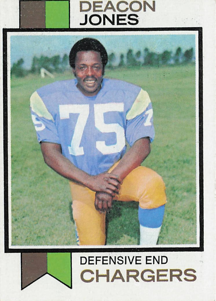 1973 Topps Football #38 Deacon Jones trading card: This is a 1973 Topps football trading card featuring Deacon Jones of the San Diego Chargers. The card highlights the Hall of Fame defensive end during his NFL career and features the classic 1973