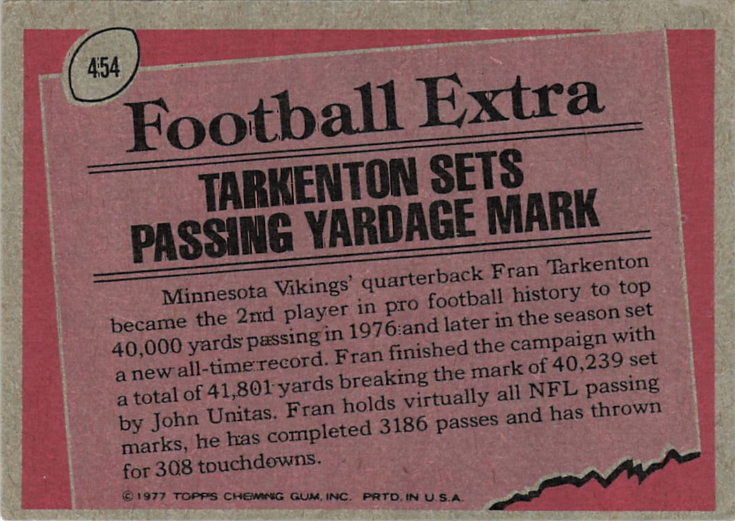 1977 Topps #454 Fran Tarkenton football card - 2