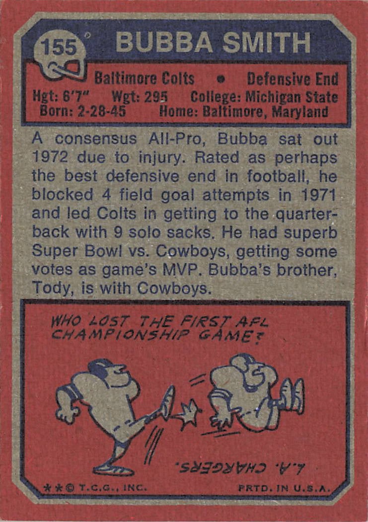 1973 Topps Bubba Smith #155 football trading card - 2