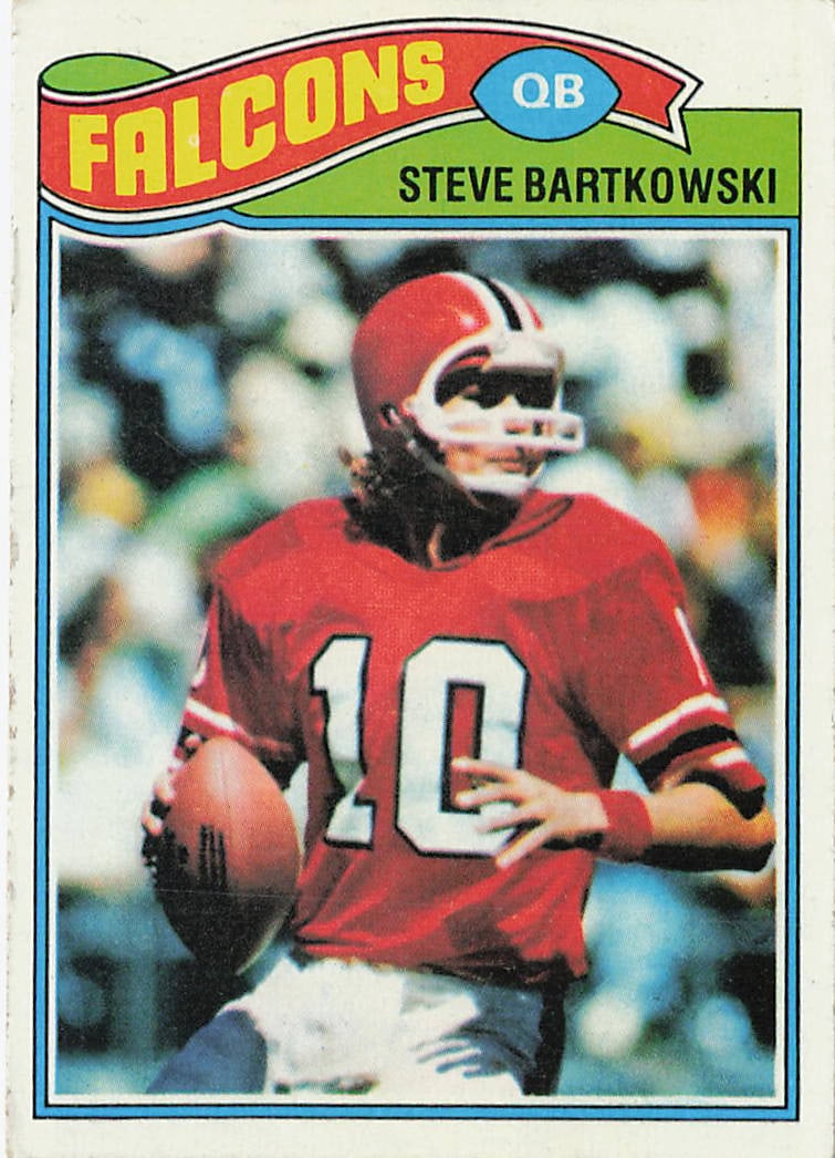 1977 Topps Steve Bartkowski #363 rookie football card: This is a 1977 Topps rookie football card featuring Steve Bartkowski of the Atlanta Falcons. The card highlights Bartkowski early in his NFL career and features the classic 1977 Topps design from the