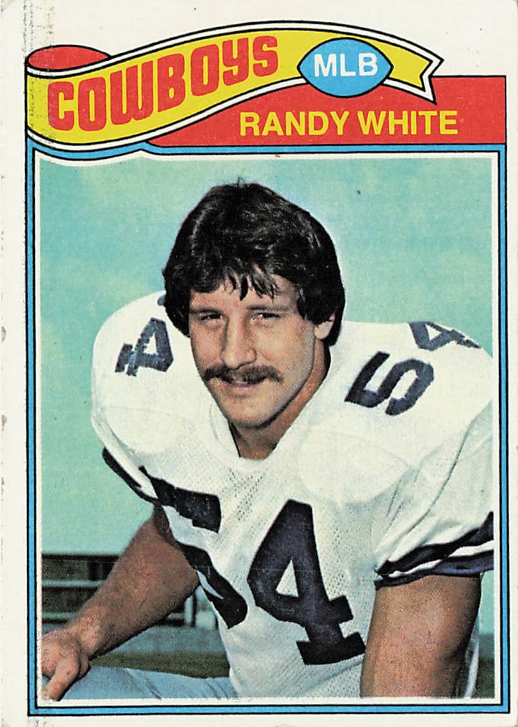 1977 Topps #342 Randy White Dallas Cowboys football card: This is a 1977 Topps football card featuring Randy White of the Dallas Cowboys. The card highlights White during his NFL career as a standout defensive lineman and features the classic 1977 Topps