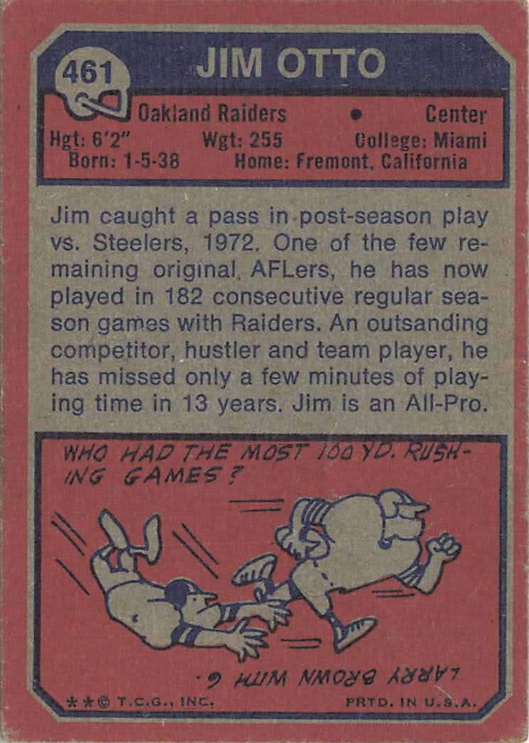 1973 Topps Jim Otto Oakland Raiders #461 football trading card - 2