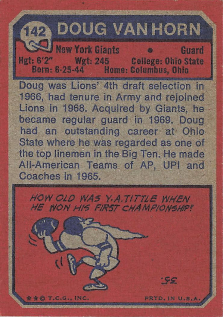 1973 Topps #142 Doug Van Horn Rookie New York Giant - 2