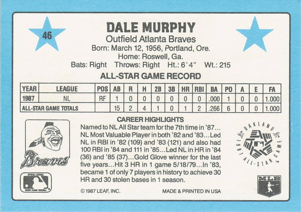 1988 Donruss All-Stars #46 Dale Murphy baseball card - 2