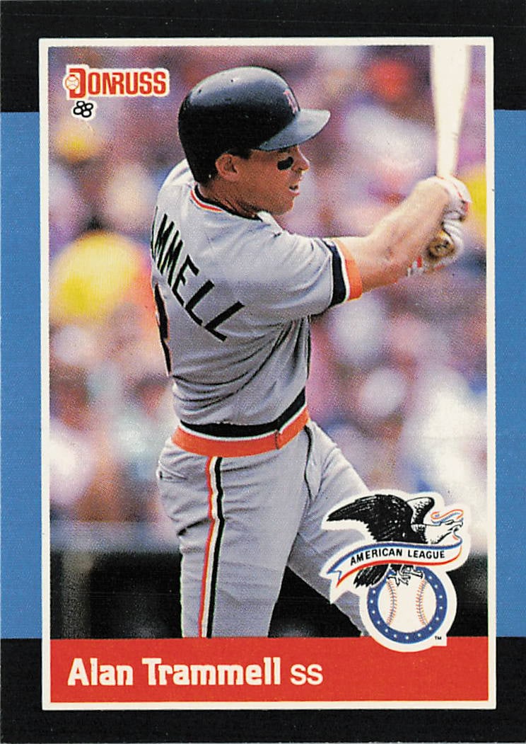 1988 Donruss All Stars # 22 Alan Trammell: This is a 1988 Donruss All-Stars baseball card featuring Alan Trammell of the Detroit Tigers. The card celebrates the accomplished shortstop and Hall of Famer, featuring the distinctive design of the 