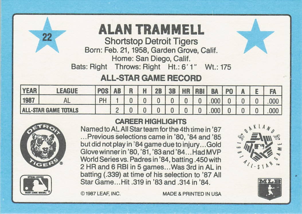 1988 Donruss All Stars # 22 Alan Trammell - 2