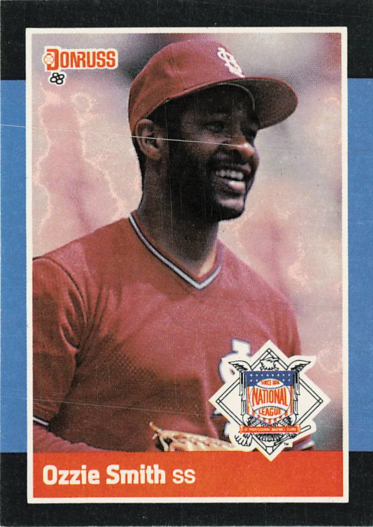 1988 Donruss All-Stars #37 Ozzie Smith baseball card: This is a 1988 Donruss All-Stars baseball card featuring Ozzie Smith of the St. Louis Cardinals. The card celebrates the Hall of Fame shortstop and his standout career, featuring the distinctive desig