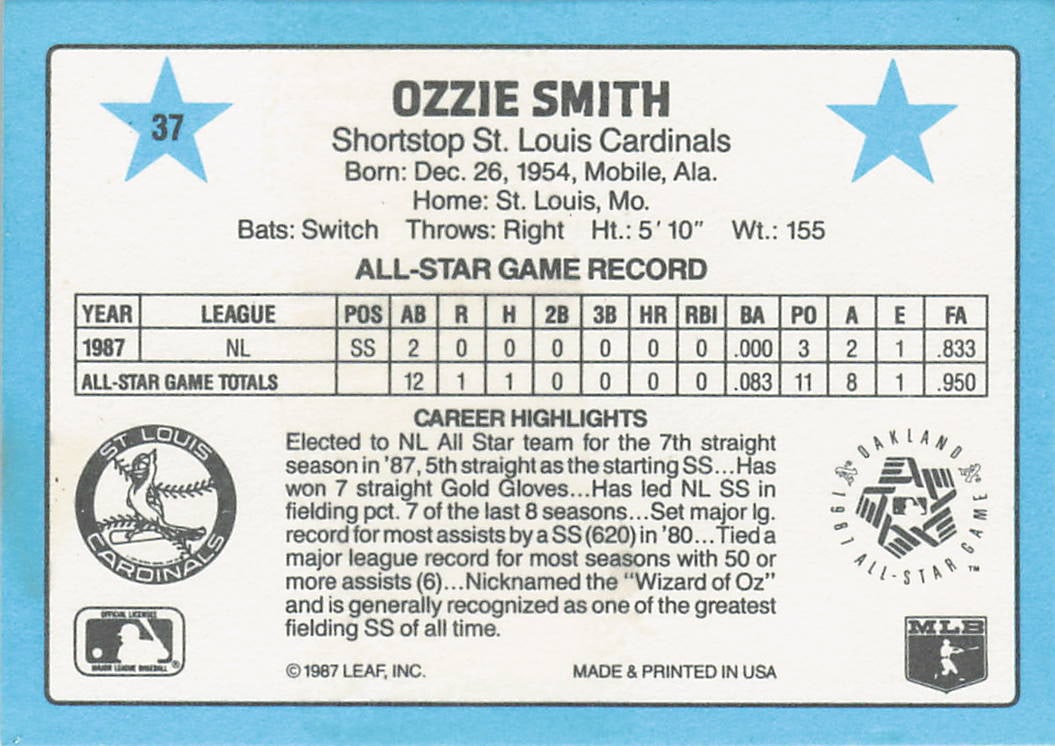 1988 Donruss All-Stars #37 Ozzie Smith baseball card - 2