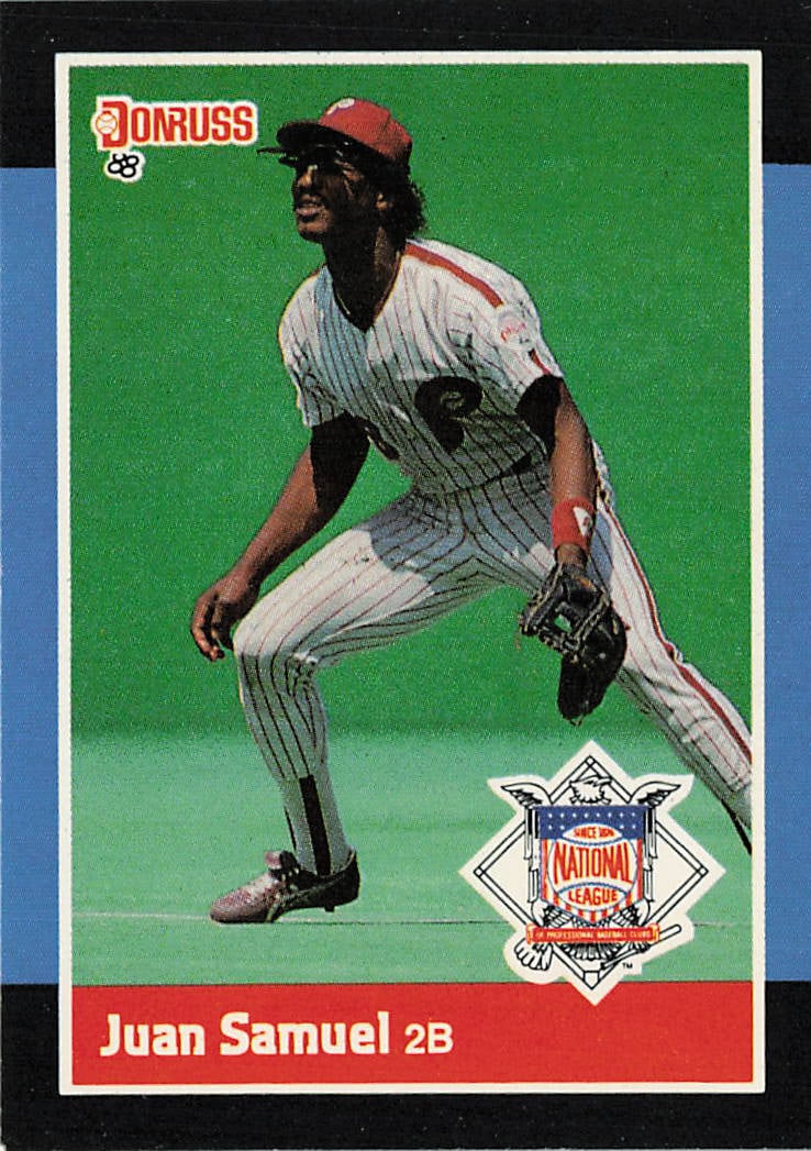 1988 Donruss All Stars #55 -- Juan Samuel: This is a 1988 Donruss All-Stars baseball card featuring Juan Samuel of the Philadelphia Phillies. The card celebrates the talented second baseman and All-Star, featuring the distinctive design of