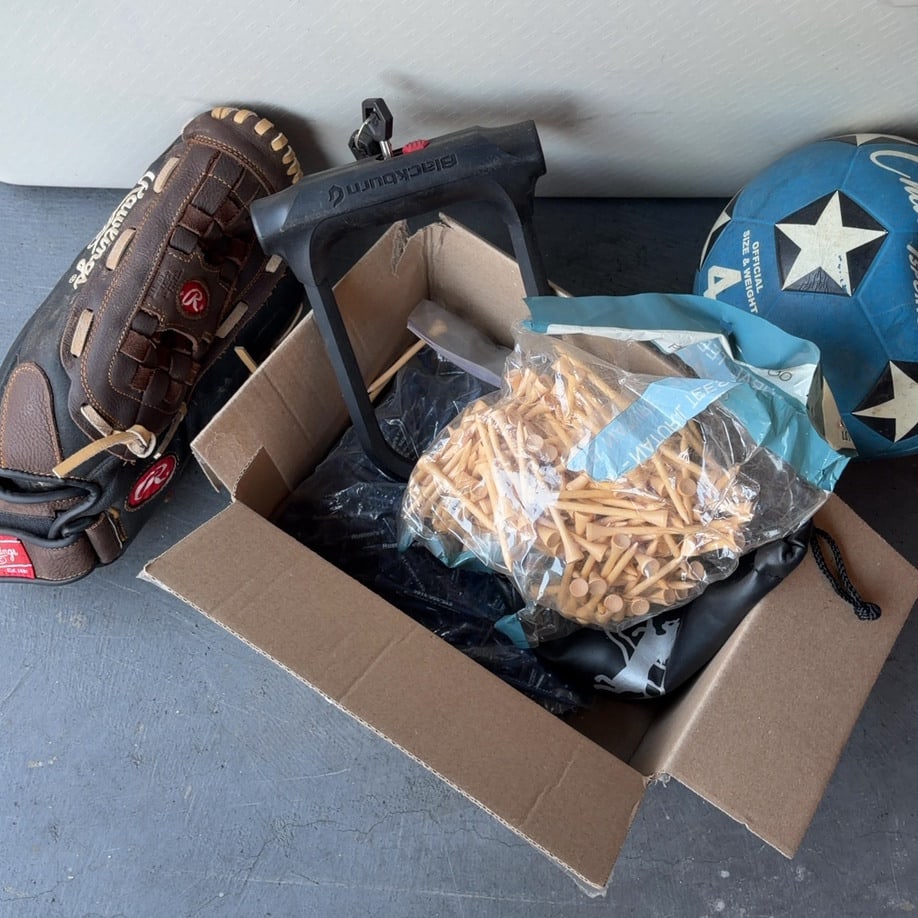 Rawlings Glove and Mixed Sports Accessories Lot: This lot includes a brown Rawlings baseball glove, a Blackburn u-lock, a bag of wooden golf tees, and a blue and white patterned ball. The items are presented together in a cardboard box, representing