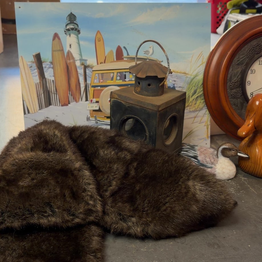Vintage Collectibles Lot: This is a diverse collection of vintage items including a Northern Retreat wall clock, a wooden duck decoy, binoculars, a framed photograph of surfers, and a decorative metal sign. Various nautical