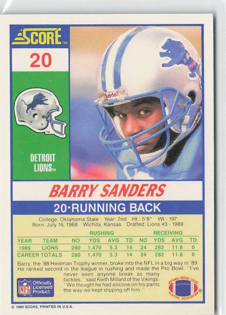 1990 Score Barry Sanders #20 football card - 2