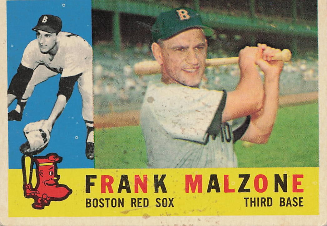 1960 Topps Frank Malzone #310 baseball card: This vintage card features the dependable Boston Red Sox third baseman and 8-time All-Star, Frank Malzone. The iconic 1960 Topps layout is celebrated for its dual-picture design, pairing a vibrant col