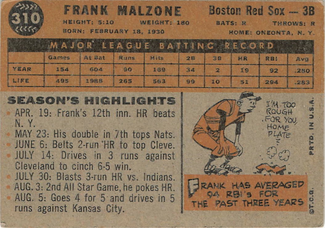 1960 Topps Frank Malzone #310 baseball card - 2
