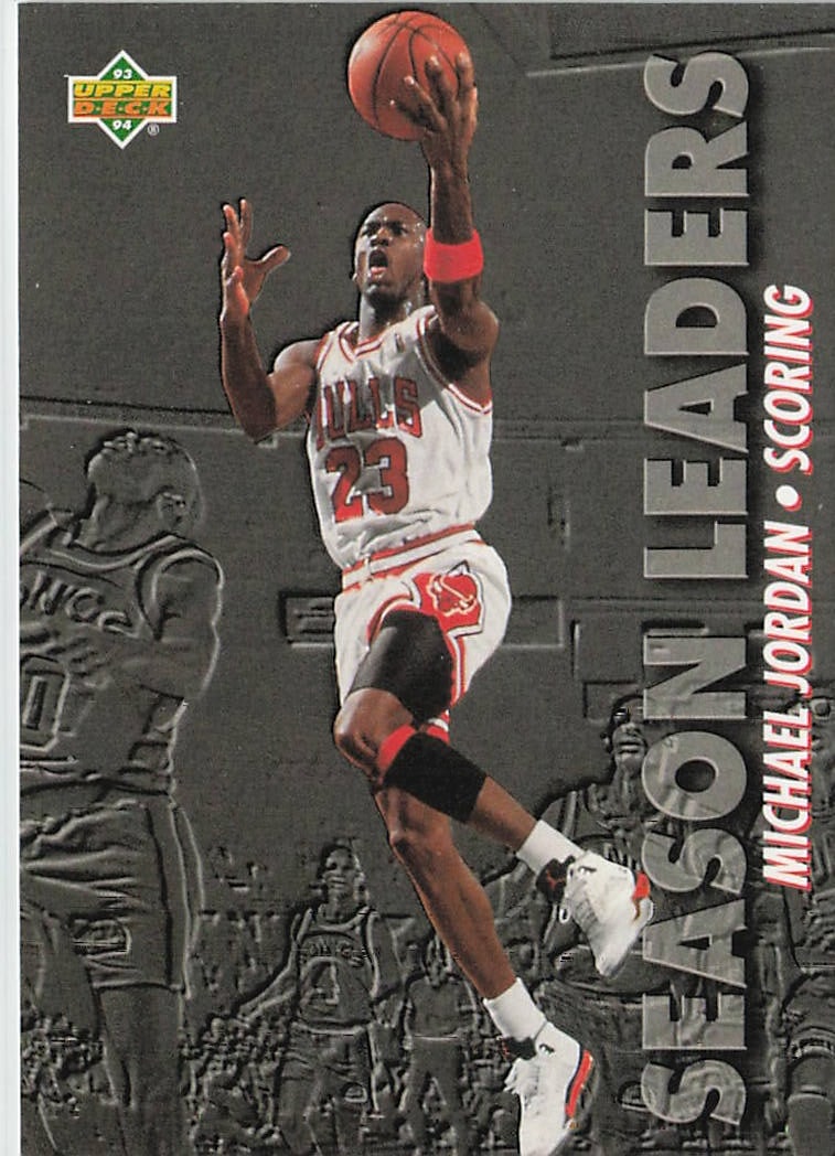 1993-94 Upper Deck "Season Leaders" Michael Jordan #166 basketball card: This subset card from the base 1993-94 Upper Deck set celebrates Michael Jordan capturing yet another NBA scoring title for the Chicago Bulls. The front design pairs a vivid color action shot of Jorda