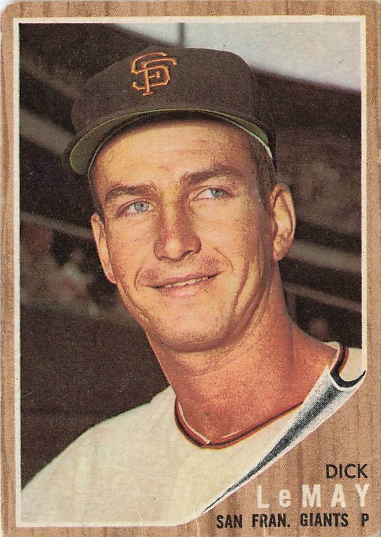 1962 Topps Dick LeMay #71 baseball card: This vintage card features pitcher Dick LeMay during his tenure with the San Francisco Giants. It is officially designated as his rookie card in the historic 1962 Topps Base Set. Like other cards in