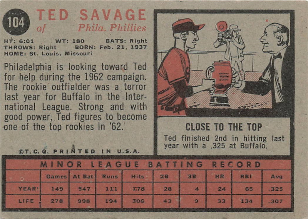 1962 Topps Ted Savage #104 baseball card - 2