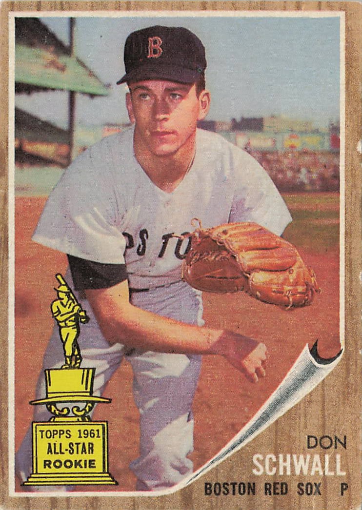1962 Topps Don Schwall #35 baseball card: This vintage card features right-handed pitcher Don Schwall following his spectacular 1961 campaign where he won the American League Rookie of the Year award with the Boston Red Sox. As part of the