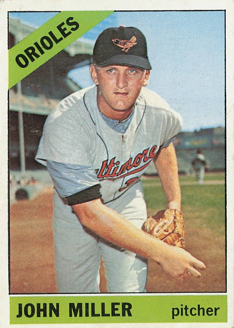 1966 Topps John Miller #427 baseball card: This vintage card features local hometown prospect and right-handed pitcher John Miller following a breakout stretch for the Baltimore Orioles late in the 1965 season. Representing the iconic 1966
