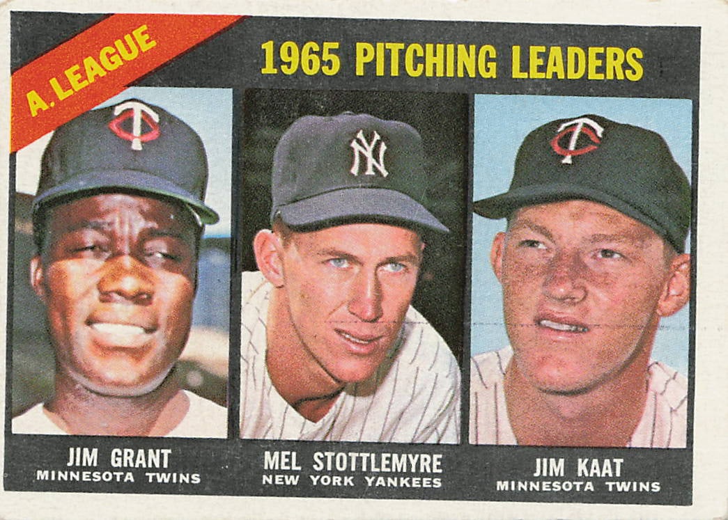1966 Topps 1965 A.L. Pitching Leaders #224 baseball card: This multi-player subset card recognizes the top arms in the American League from the preceding 1965 season. The card exhibits a dark gray header outline frame containing three separate portrait