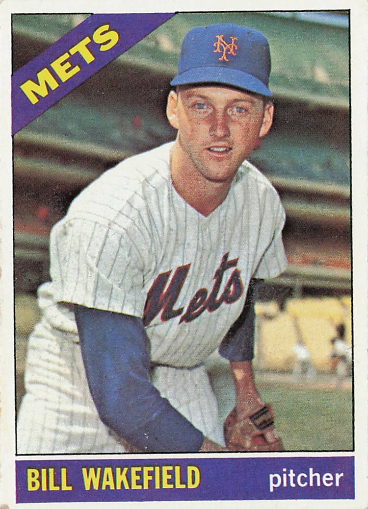 1966 Topps Bill Wakefield #443 baseball card: This vintage card features right-handed pitcher Bill Wakefield looking downfield in his pinstripe New York Mets uniform. Adhering to the classic format of the 1966 Topps set, the design highlights a