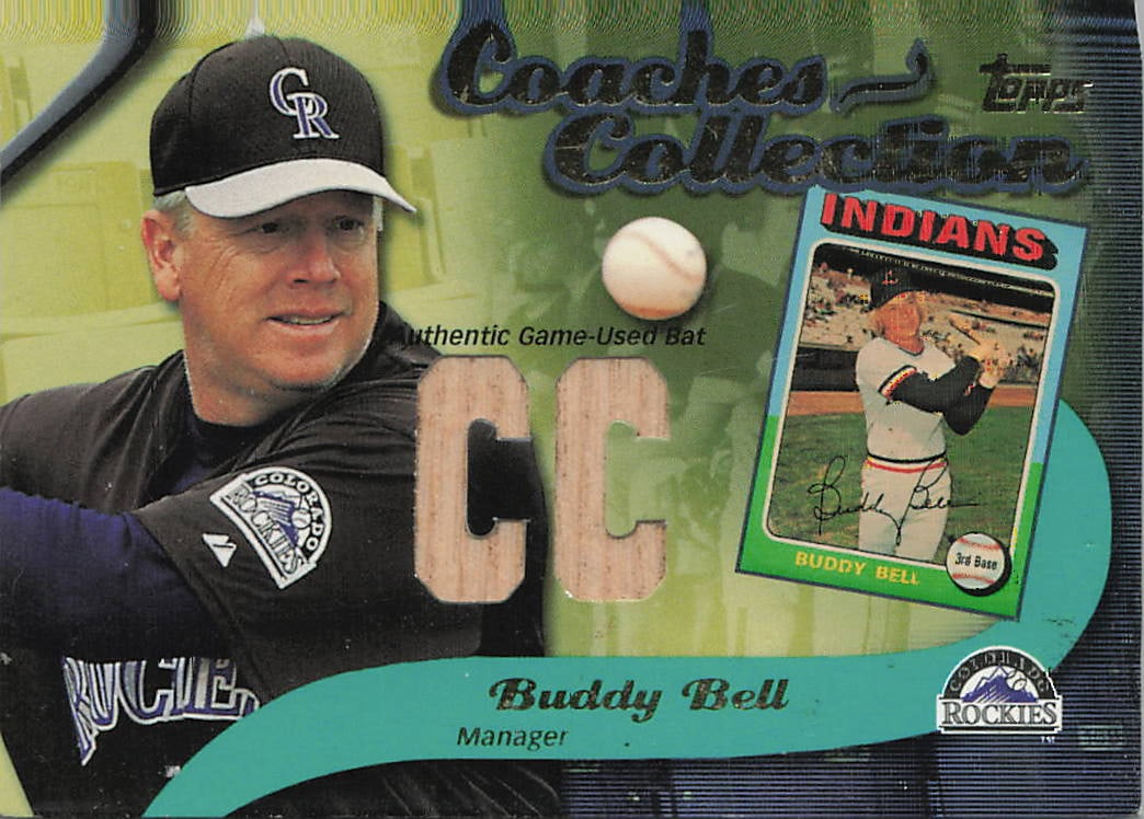 2002 Topps "Coaches Collection Relics" Buddy Bell #CC-BBE game-used bat card: This game-used memorabilia insert belongs to the Coaches Collection Relics set found in retail packs of 2002 Topps Baseball. It celebrates 5-time All-Star and Gold Glove third baseman Buddy Bell