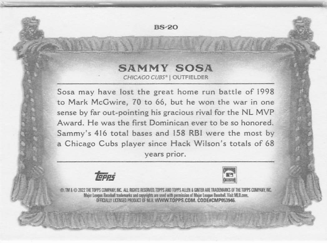 2022 Topps Allen & Ginter "Banner Season" Sammy Sosa #BS-20 baseball card. - 2