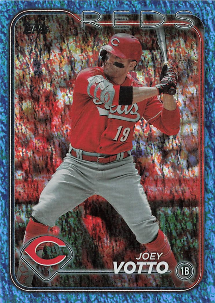 2024 Topps Aqua Foil Joey Votto #195 baseball card: This retail-exclusive parallel features legendary former Cincinnati Reds first baseman and former National League MVP Joey Votto coiled in his signature batting stance. Distributed exclusively inside