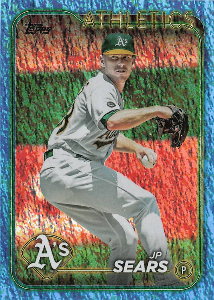 2024 Topps Aqua Foil JP Sears #296 baseball card: This retail-exclusive parallel features starting pitcher JP Sears in his road gray uniform delivering a pitch for the Oakland Athletics. Distributed exclusively inside retail product formats like