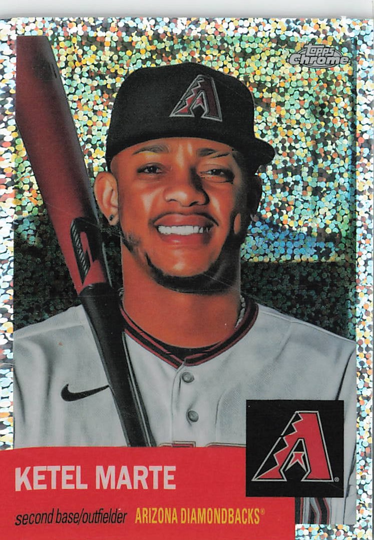 2022 Topps Chrome Platinum Anniversary Speckle Refractor Ketel Marte #239 baseball car: This stunning card comes from the highly popular retro-styled 2022 Topps Chrome Platinum Anniversary set, which reimagines modern players and stars using the historic 1953 Topps design template. The