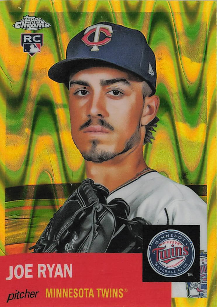 2022 Topps Chrome Platinum Anniversary Yellow RayWave Refractor Joe Ryan #145 rookie card: This premium card comes from the highly popular retro-styled 2022 Topps Chrome Platinum Anniversary set, which reimagines modern stars and young talent using the historic 1953 Topps design blueprint.