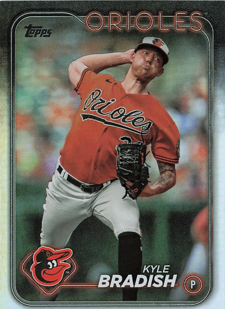 2024 Topps Royal Blue Kyle Bradish #260 baseball card: This retail-exclusive parallel card features starting pitcher Kyle Bradish delivering a pitch in his orange home jersey for the Baltimore Orioles. Part of Topps' flagship release, this Royal Blue