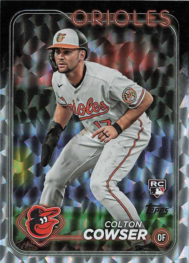 2024 Topps Silver Crackle Foilboard Colton Cowser #257 rookie card: This premium flagship parallel card celebrates the spectacular young outfielder Colton Cowser during his standout rookie campaign with the Baltimore Orioles, proudly featuring the official "RC" logo