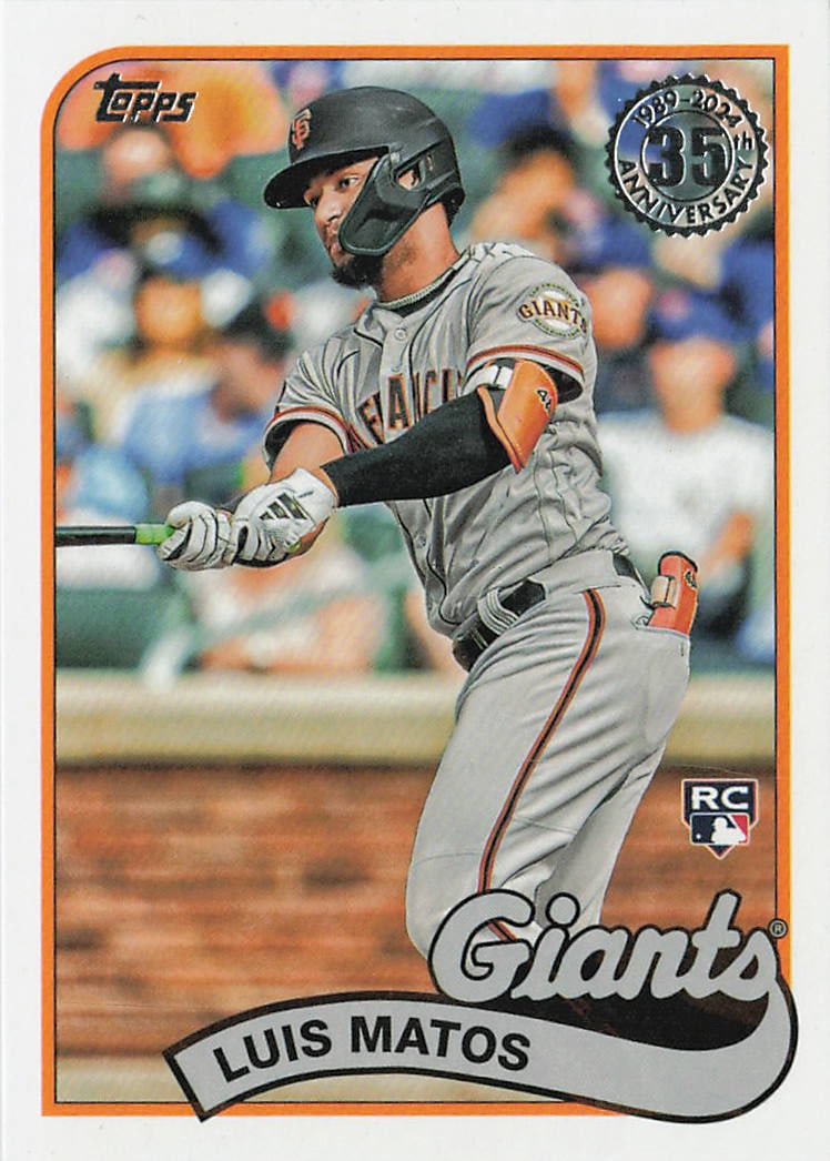 2024 Topps 1989 Baseball 35th Anniversary Luis Matos #89B-24 rookie insert card: This sharp anniversary insert captures outfielder Luis Matos completing a swing in his road gray uniform for the San Francisco Giants. Part of a celebrated throwback sequence distributed across
