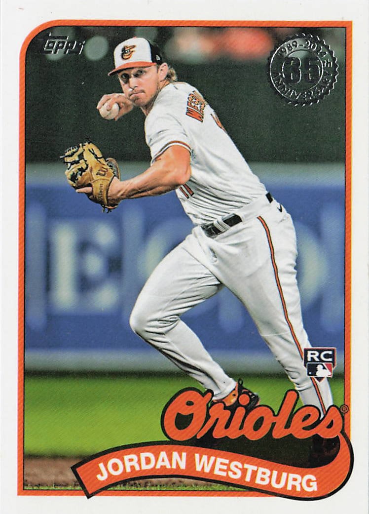 2024 Topps 1989 Baseball 35th Anniversary Jordan Westburg #89B-38 rookie insert card: This throwback anniversary insert captures All-Star infielder Jordan Westburg loading up a throw across the diamond in his home white uniform for the [Baltimore Orioles] "2024 Topps Series 1 #89B-38