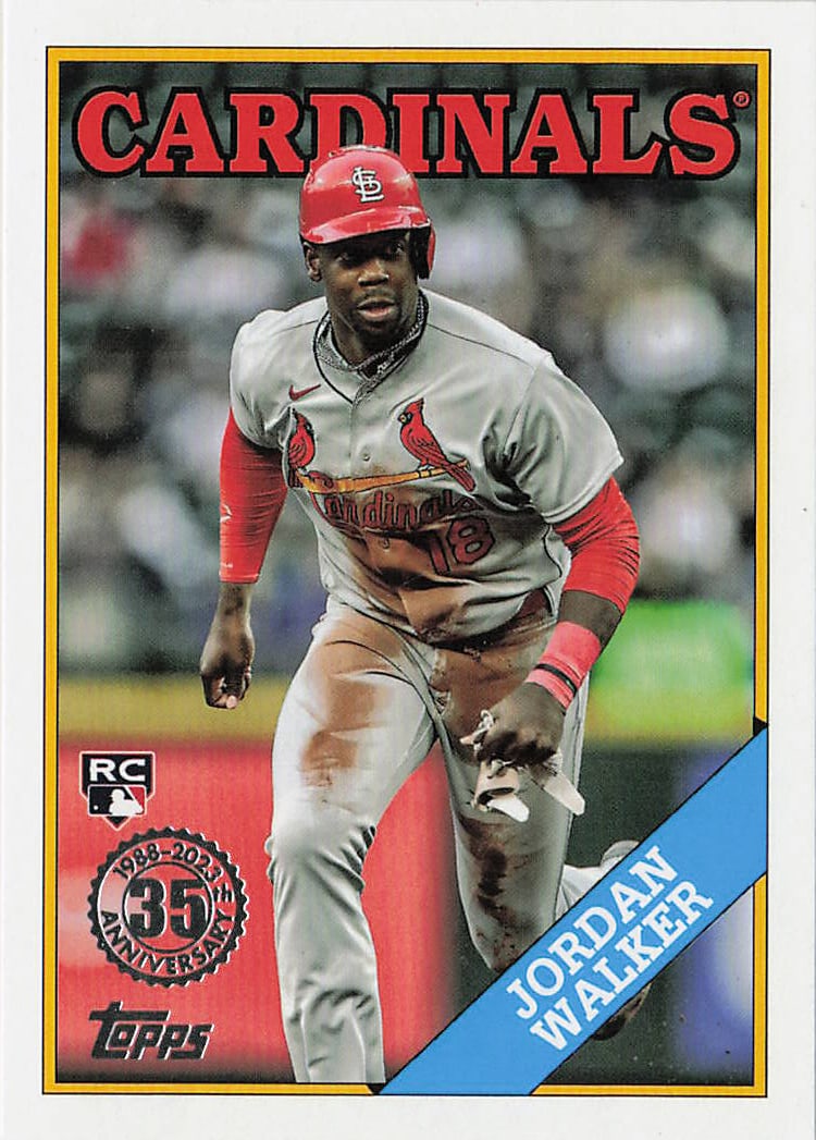2023 Topps Update 1988 Baseball 35th Anniversary Jordan Walker #88US-49 rookie insert card: This throwback anniversary insert captures powerful outfielder Jordan Walker sliding into a base in his dirt-stained road gray uniform for the St. Louis Cardinals. Released in the flagship update