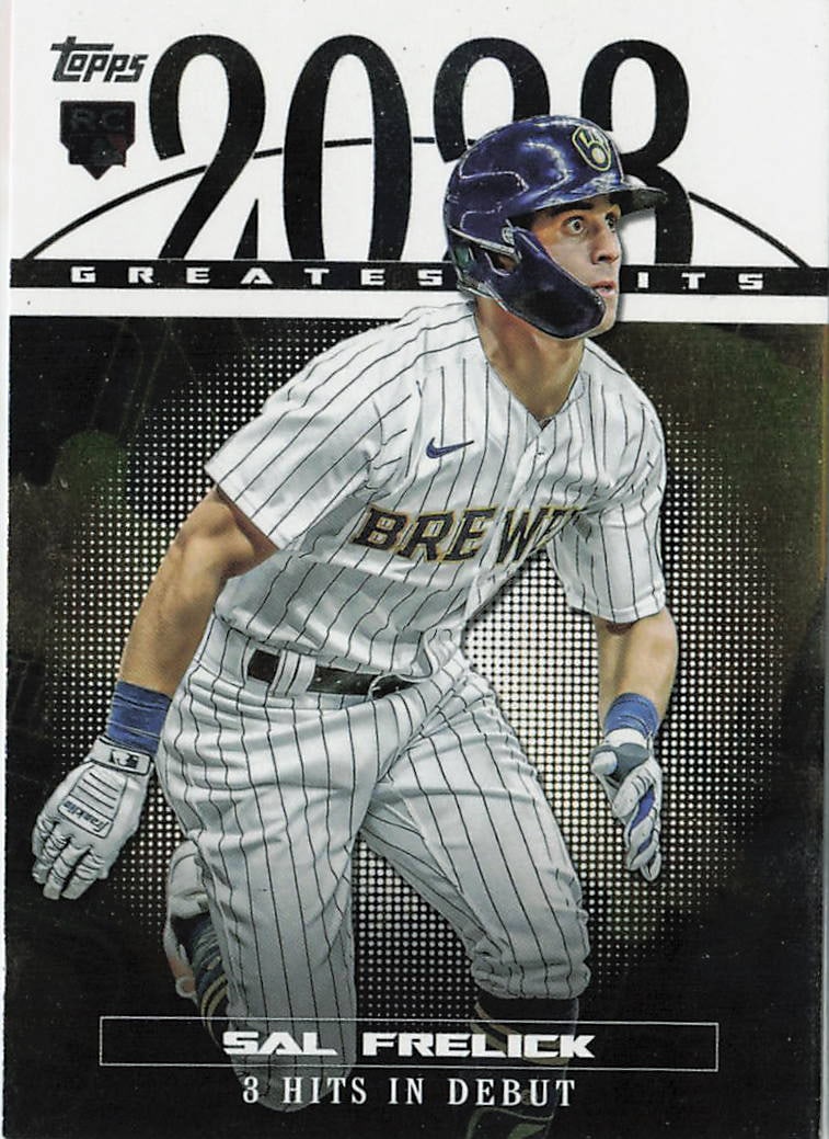 2024 Topps 2023 Greatest Hits Sal Frelick #23GH-29 rookie insert card: This insert captures young outfielder Sal Frelick locked in during his explosive major league arrival with the Milwaukee Brewers. Part of the 2023 Greatest Hits insert set featured in 2024 Topps