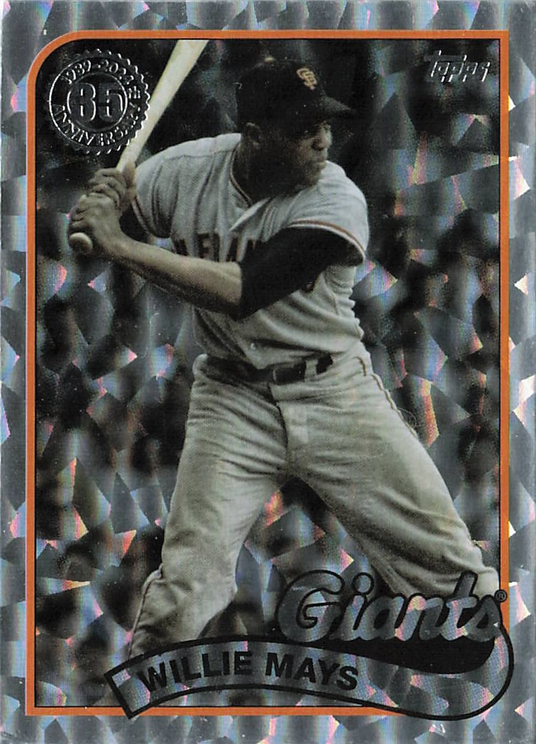 2024 Topps Series 1 1989 Topps Baseball 35th Anniversary Willie Mays trading card (#89B-30): Willie Mays coiled in his iconic batting stance for the San Francisco Giants. Part of the 35th Anniversary collection honoring the classic 1989 Topps layout, this retail-exclusive variation replaces