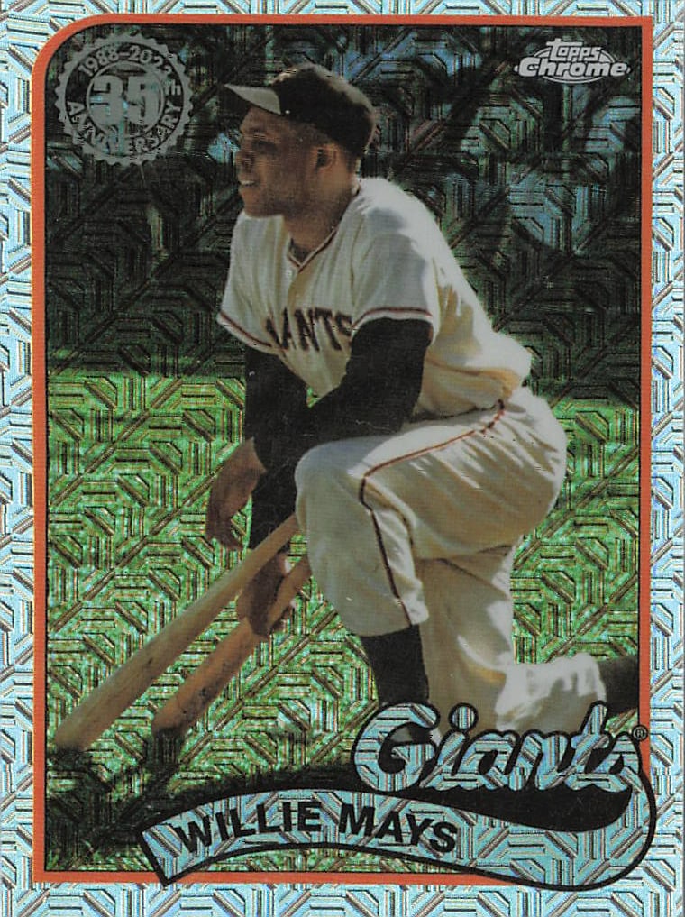 2024 Topps Chrome 1989 Silver Pack Mojo Refractor Willie Mays #T89C-76 insert card: This premium insert honors Hall of Fame center fielder Willie Mays resting a group of bats over his knee in his classic home uniform for the New York Giants / San Francisco Giants. Part of a