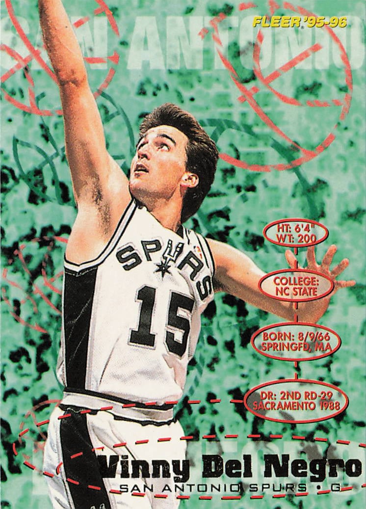 1995-96 Fleer Vinny Del Negro #167: The 1995-96 Fleer Vinny Del Negro #167 is a standard base basketball card manufactured by Fleer Corporation that highlights the San Antonio Spurs starting shooting guard extending upwards for a layup