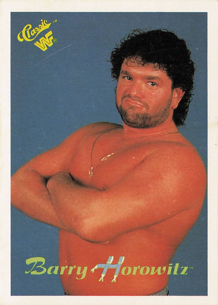1990 Classic WWF Barry Horowitz #49 trading card: The 1990 Classic WWF Barry Horowitz #49 trading card features a blue, crumpled-texture border framing a studio portrait of the veteran competitor looking ahead with a smug expression while posing