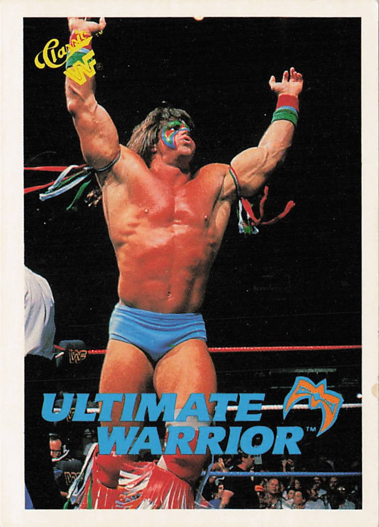 1990 Classic WWF Ultimate Warrior #106 trading card: The 1990 Classic WWF Ultimate Warrior #106 trading card features a thin white outer border framing an iconic, high-energy photo of the WWE Hall of Famer The Ultimate Warrior shaking the ropes with