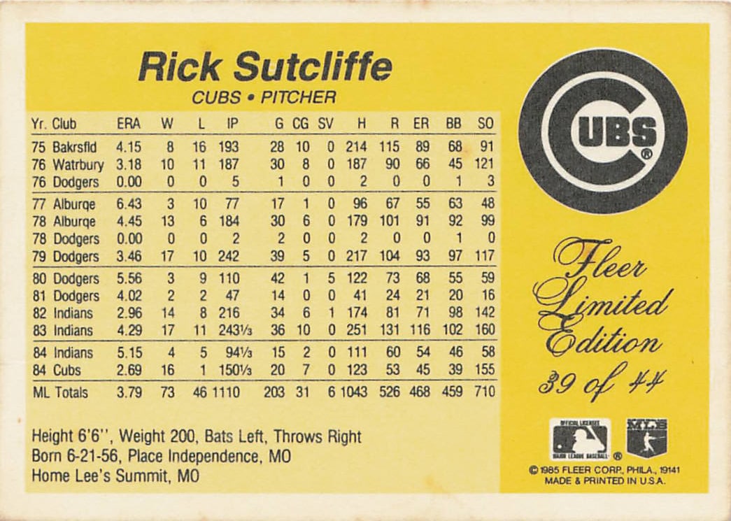 1985 Fleer Limited Edition Rick Sutcliffe #39 - 2