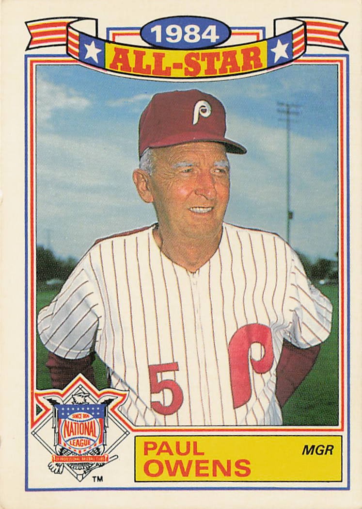 1985 Topps Glossy All-Stars Paul Owens #1: The 1985 Topps Glossy All-Stars Paul Owens #1 is a vintage baseball card manufactured by Topps that features the long-time Philadelphia Phillies manager and general manager smiling in his classic